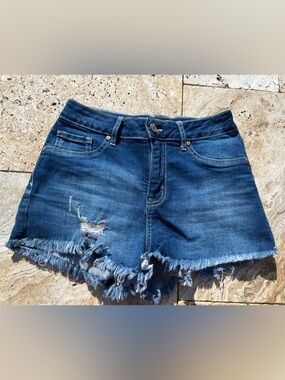 Rewash Denim Frayed Hem high rise Jean Shorts - Blue